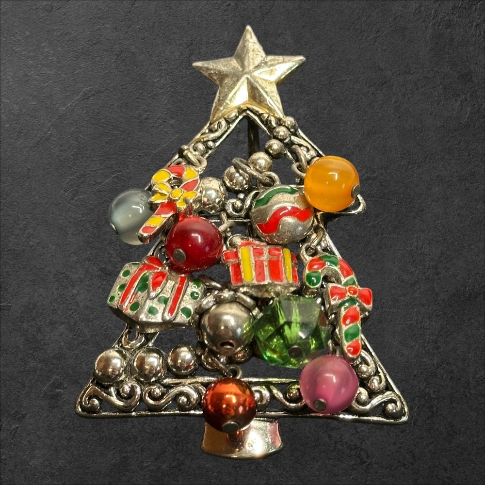 Vintage Christmas Tree Brooch Dangle Charms Gifts Candy Cane Beads Silver Tone